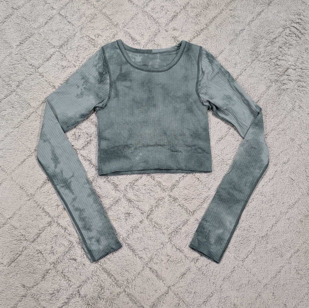 Lululemon Shirt Womens 2 Green Marble Dye Ebb To Street Long Sleeve Rib Crop